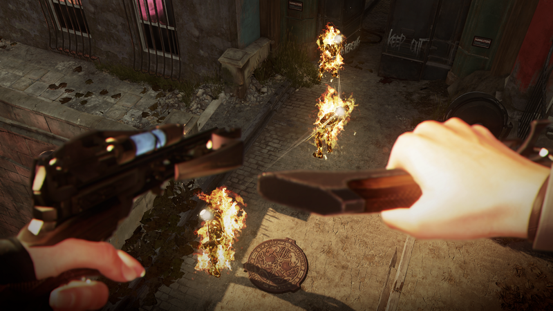 Yes, you can use Emily’s Domino ability to link three guards together then light them all on fire with a single incendiary crossbow bolt. (Screenshot: Bethesda Softworks)
